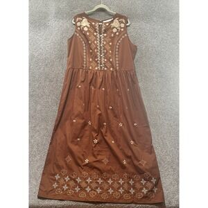 La‎ Bellum Hillary Scott Maxi Dress 1X Brown Embroidered Boho Peasant Cottage